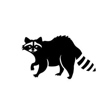Black raccoon silhouette with striped tail, standing on a white background