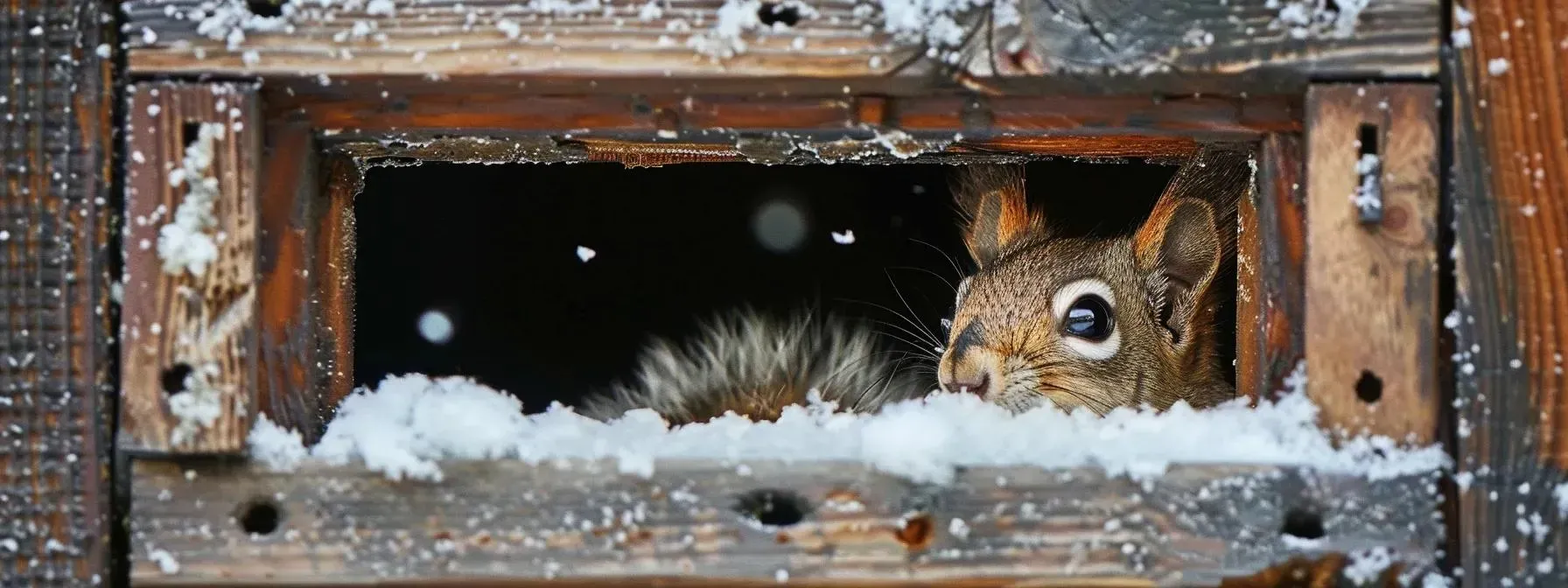 A squirrel is looking out of a wooden box in the snow.