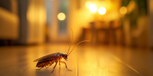 A cockroach is crawling on a wooden floor in a room.