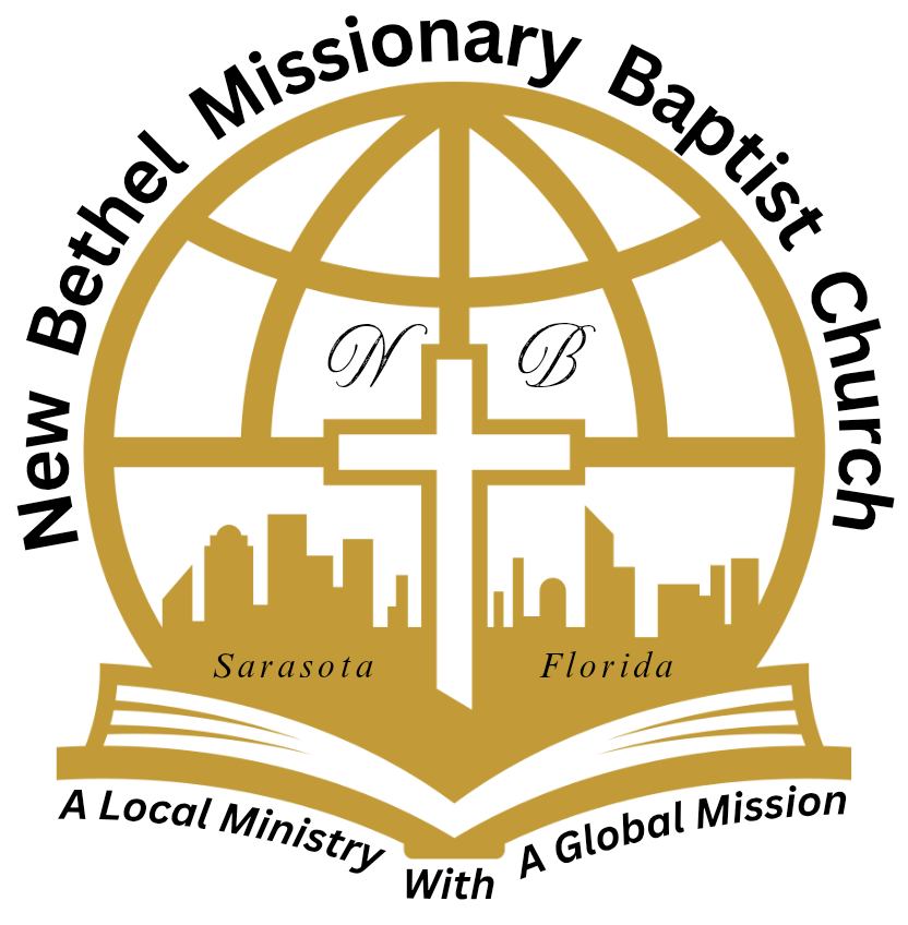 Logo for New Bethel Missionary Baptist Church: globe, cross, skyline, text.