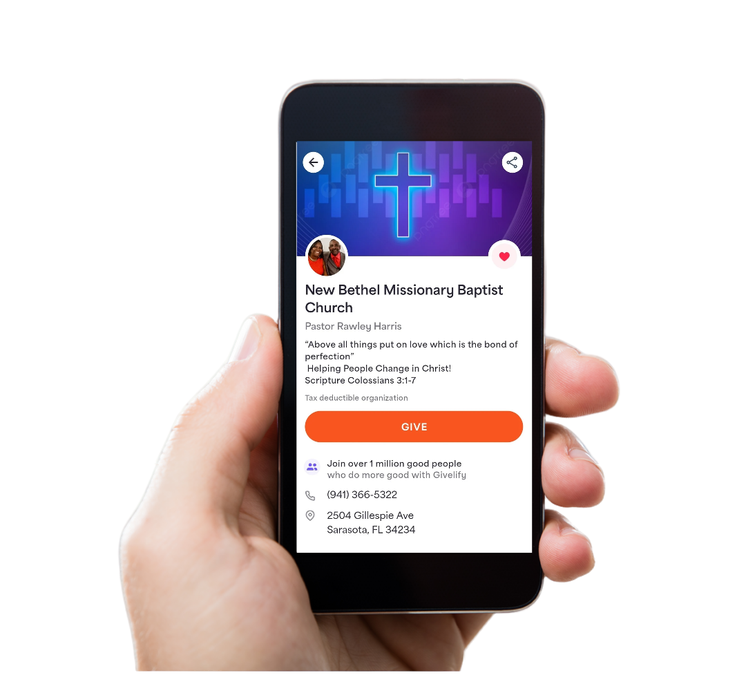 Hand holding a phone displaying a church profile with a blue cross, orange