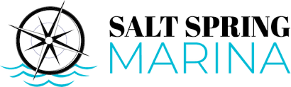 A logo for salt spring marina with a compass and waves.