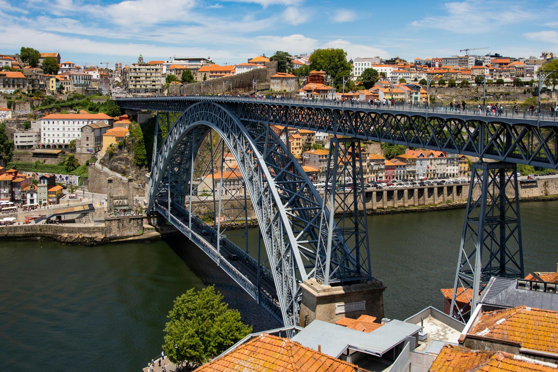 Dom Luís I Bridge over a river in Porto, Portugal, with city buildings on the banks and a blue sky.