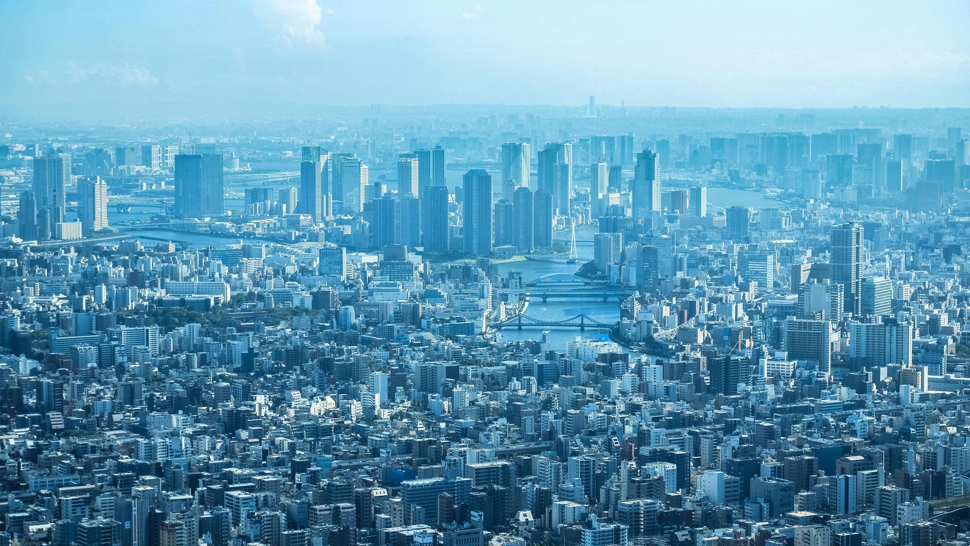 City skyline, many tall buildings, blue/gray tones, slightly hazy sky.