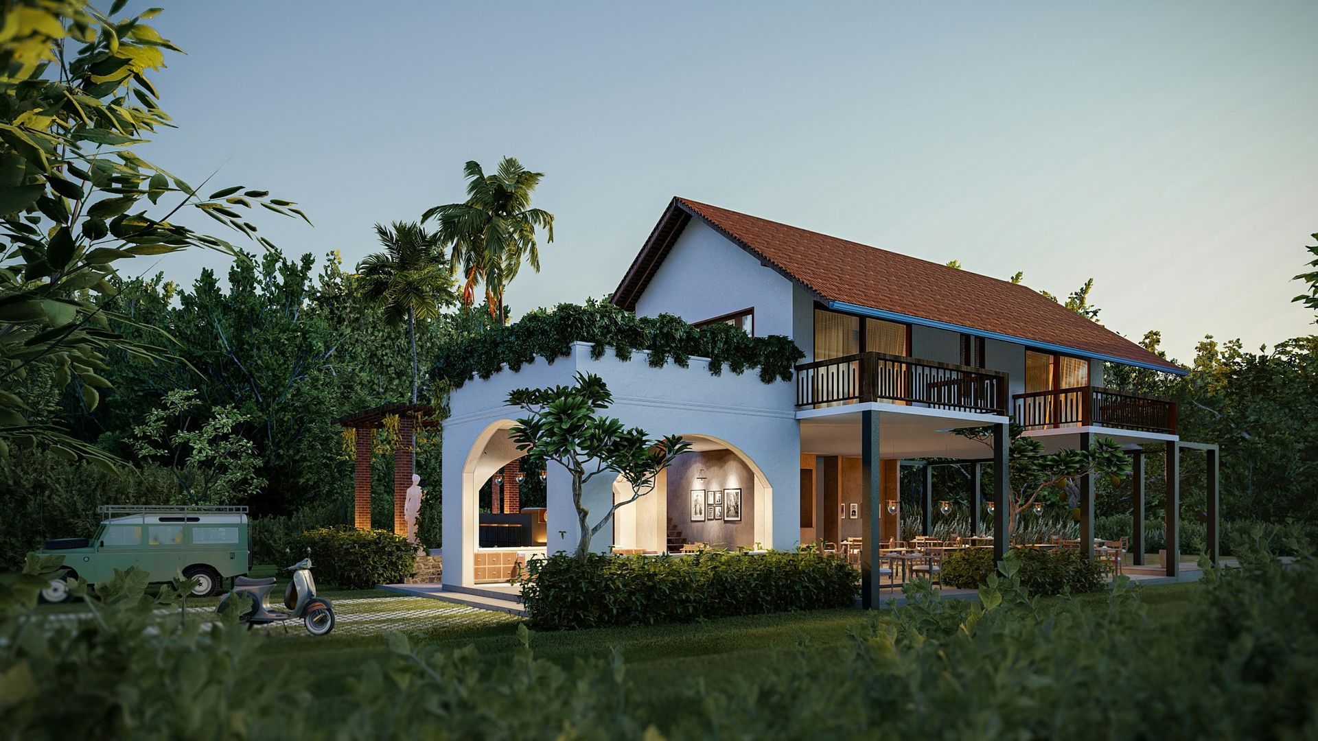 White house with red tile roof, covered patio, lush greenery, and vintage vehicle.