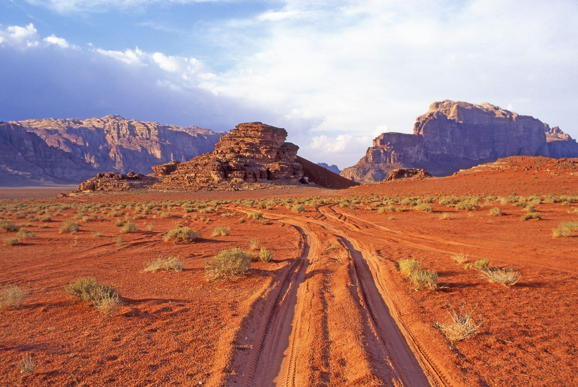 Red desert landscape with tire tracks leading towards rocky mountains under a cloudy sky.