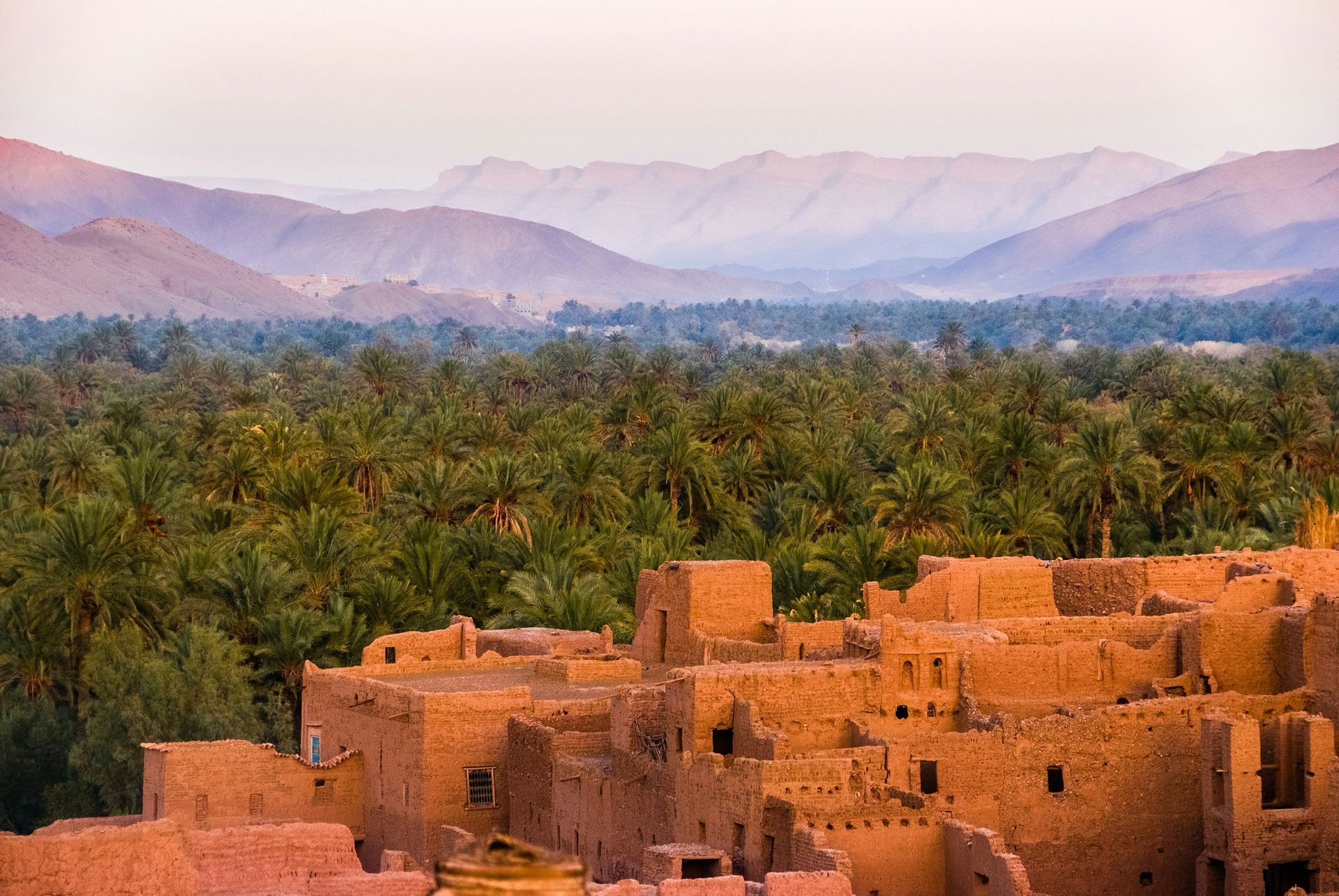 Ancient mud brick buildings overlook a palm oasis valley with mountains in the distance.