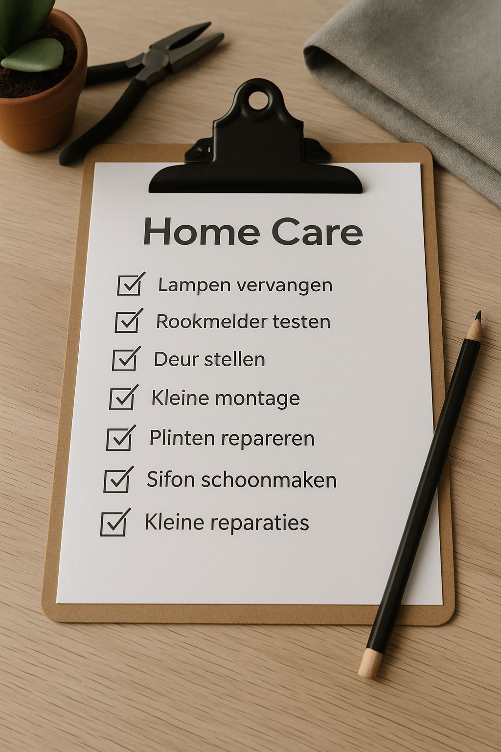 Checklist voor thuiszorg op een klembord met taken, naast een pen op een bureau.