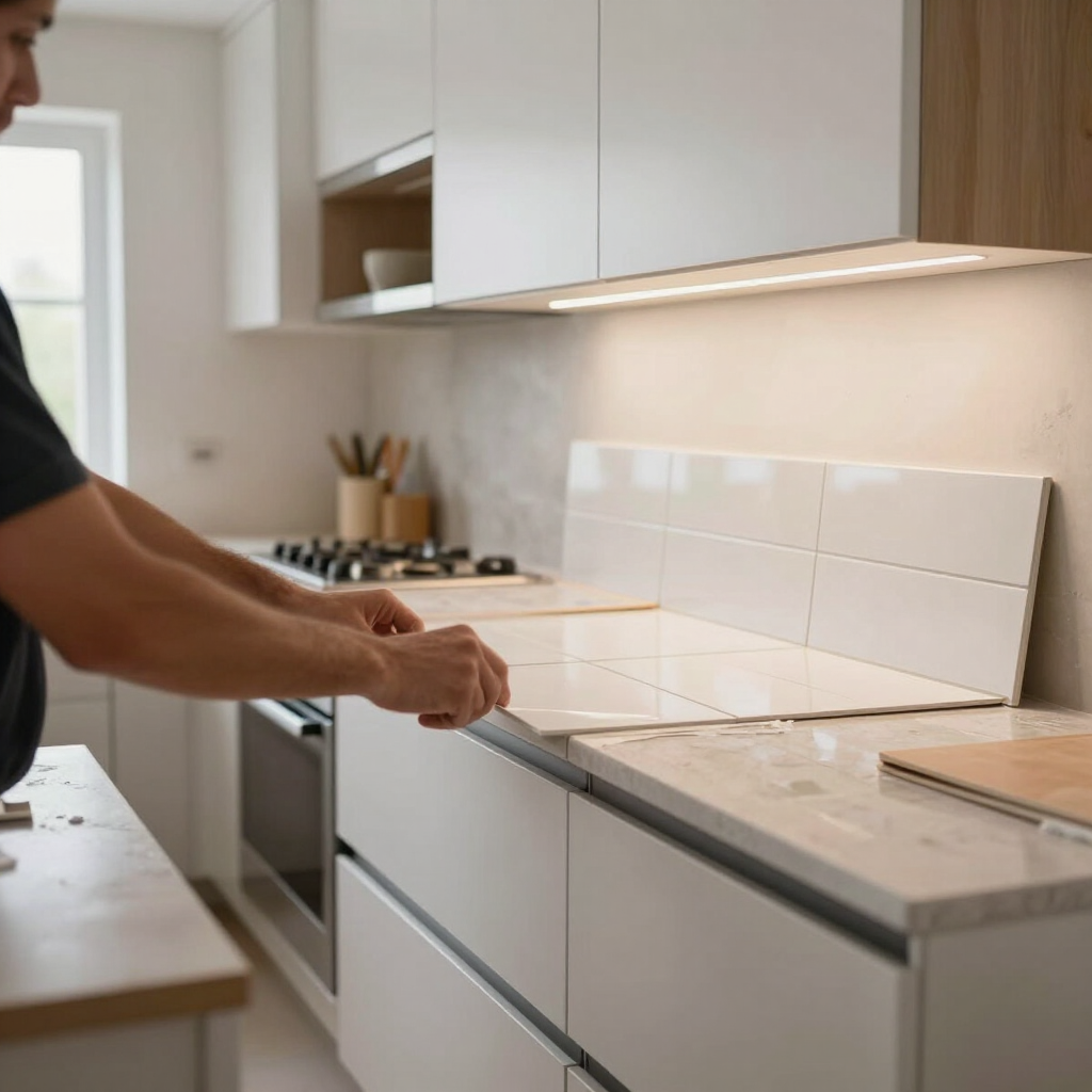 Person installing white subway tile backsplash in a bright modern kitchen