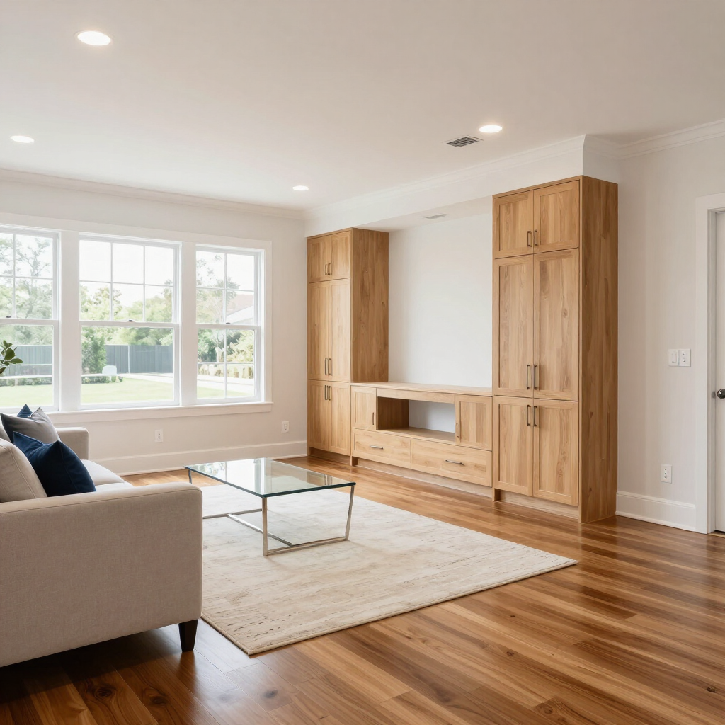 Bright living room with beige sofa, glass coffee table, wood floor, and built-in wooden cabinets by large windows