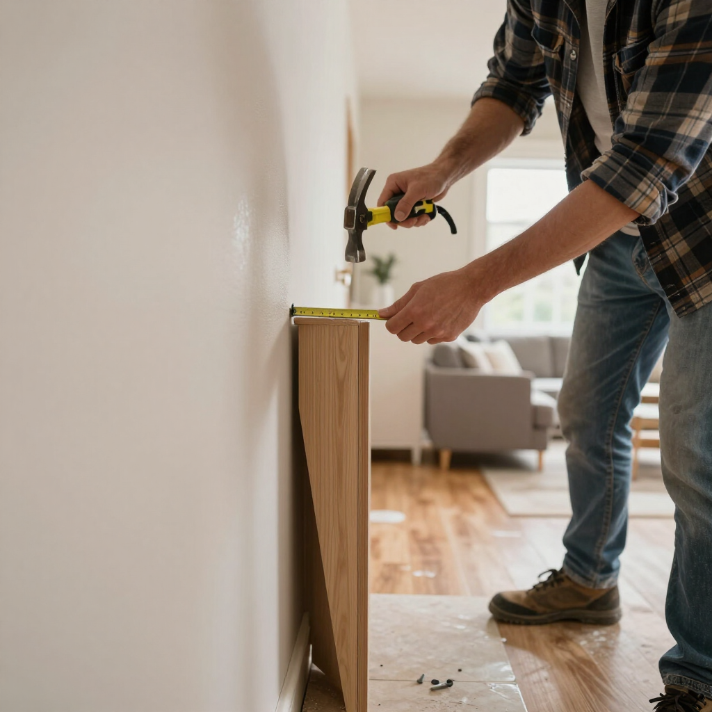 Person hanging a cabinet or shelf in a hallway with a hammer and nails