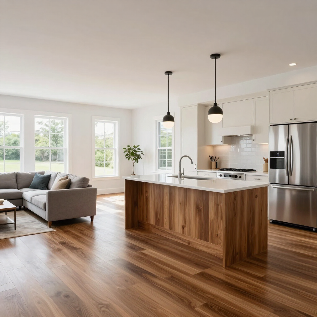 Bright modern open-plan kitchen and living room with wood floors, gray sofa, and stainless steel appliances