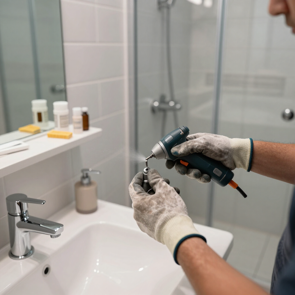Gloved hands using a drill to repair a bathroom sink faucet