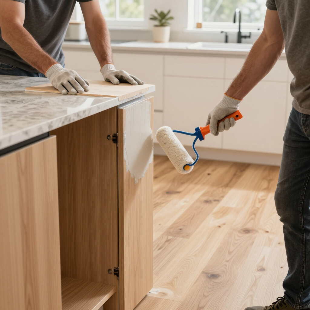 Two people installing a wooden kitchen cabinet, one painting the floor with a roller nearby.