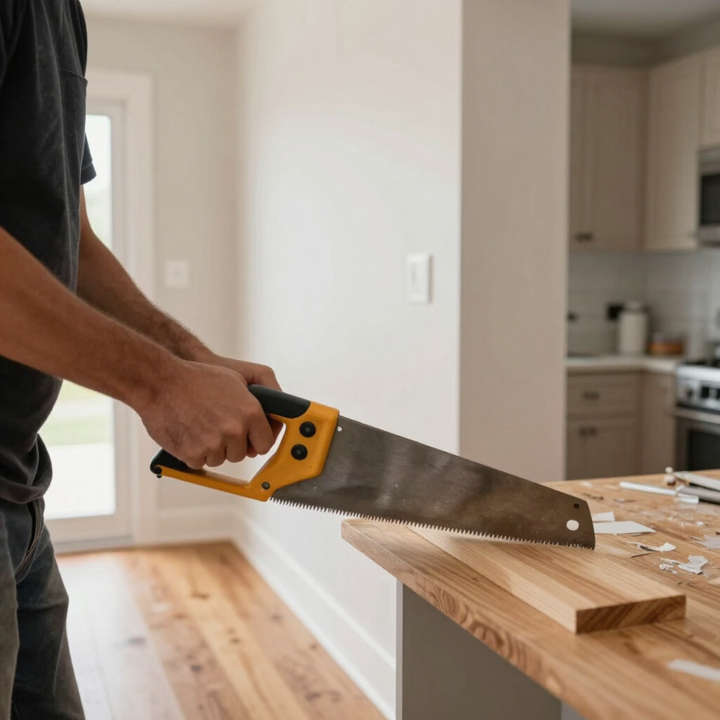 Person sawing a wooden board with a hand saw in a home workshop.