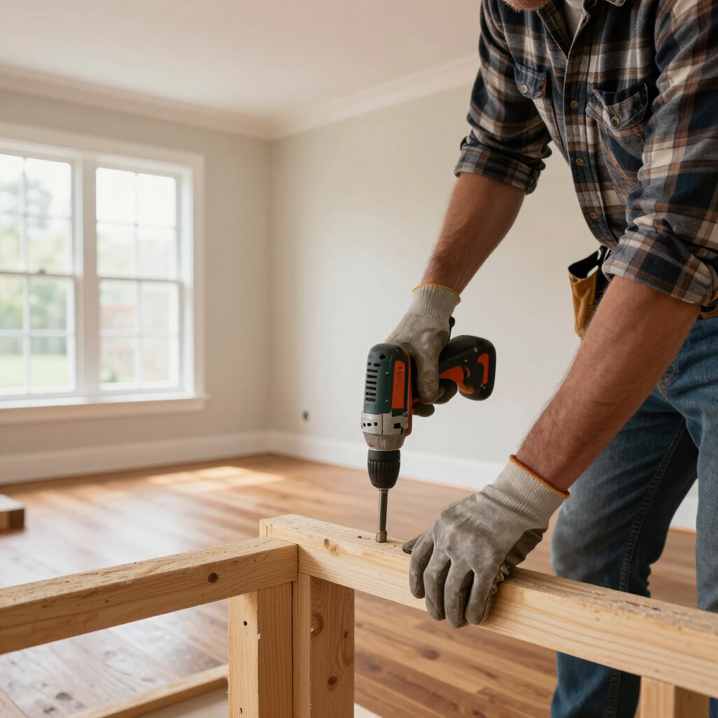Person using a drill to fasten wood in a sunlit room with unfinished wooden flooring