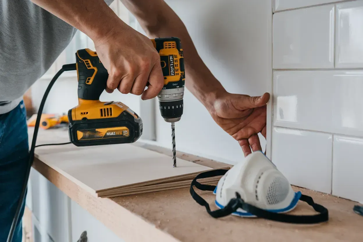 Person drilling into a white countertop beside a power drill and dust mask in a tiled room