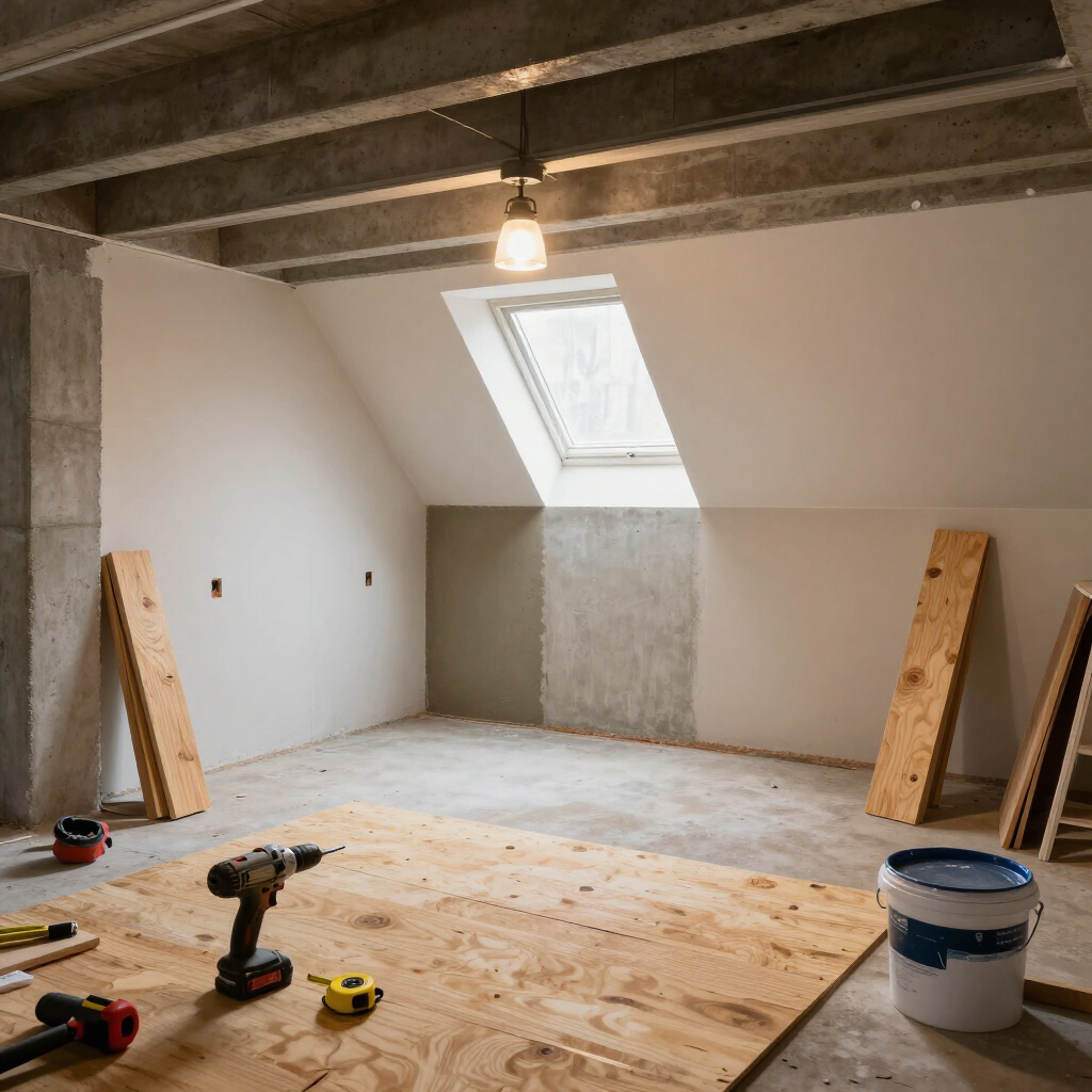 Renovated attic room with slanted ceiling, skylight, exposed beams, and construction tools on the floor