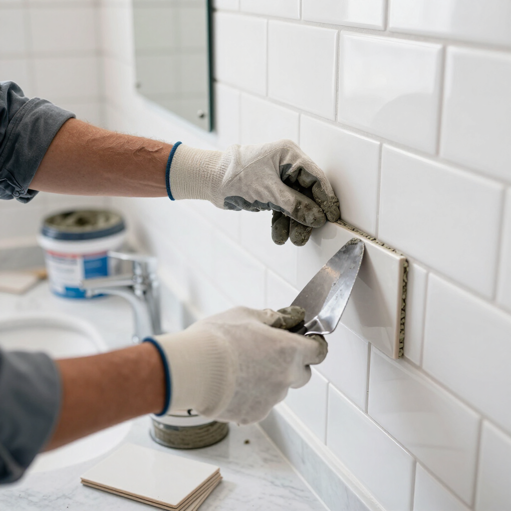 Gloved hands applying white subway tile with a trowel in a tiled kitchen wall