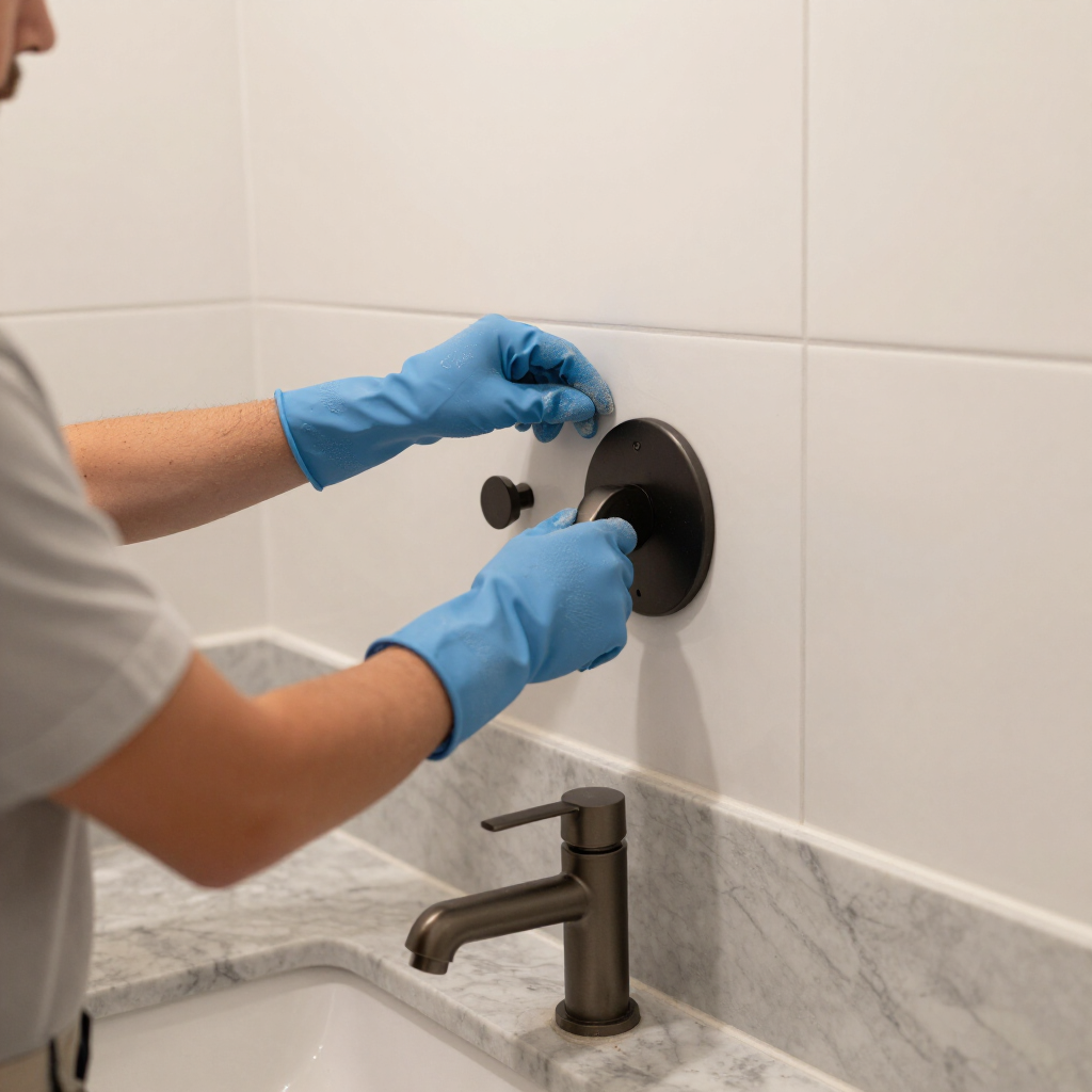Gloved hands installing a wall-mounted bathroom fixture above a sink and faucet