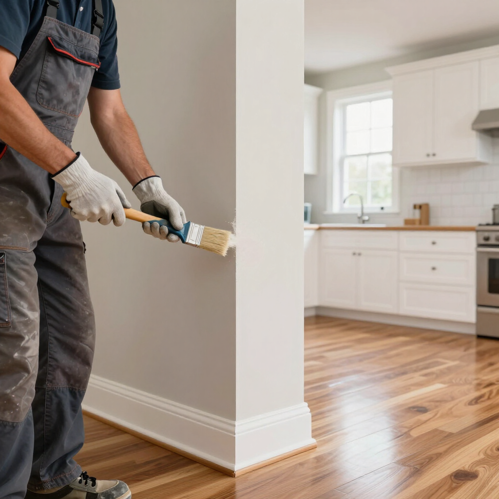 Painter applying white paint to an interior wall beside a bright kitchen with hardwood floors
