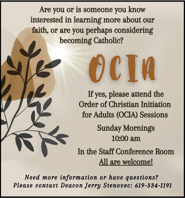 Click image to visit the web page. Order of Christian Initiation for Adults (OCIA) Sessions, Sunday Mornings at 10:00 AM