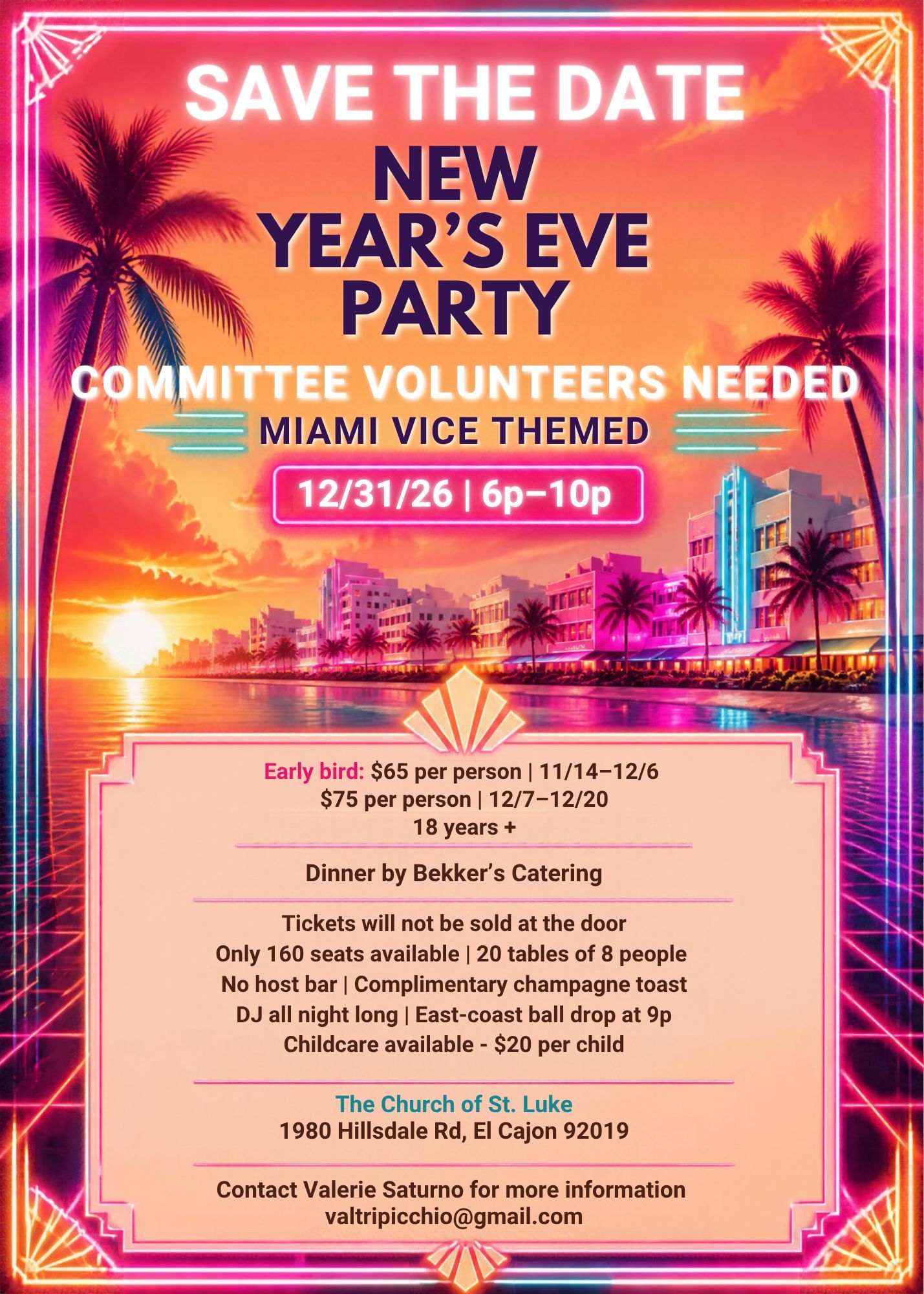 Save the Date: New Year's Eve Party, Miami Vice Themed, 12/31 6p-10p