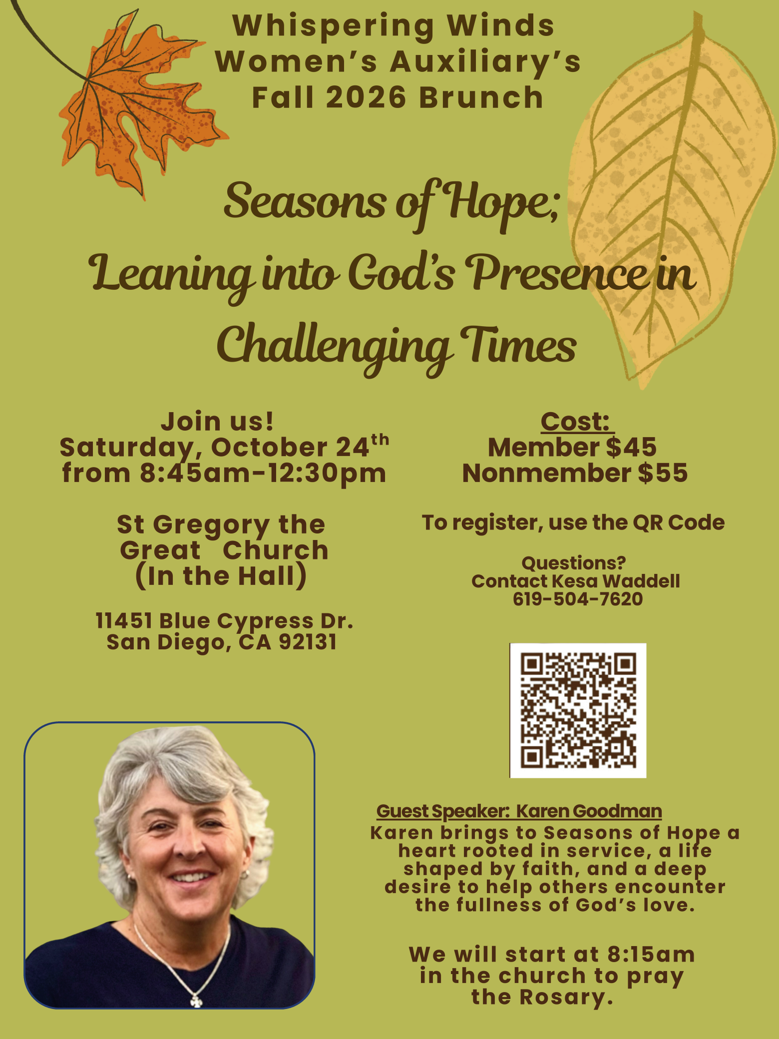 Click image to email Lynn. Whispering Winds Women's Auxiliary Fall 2026 Brunch at St. Gregory the Great Church, 10/24, 8:45a - 12:30p