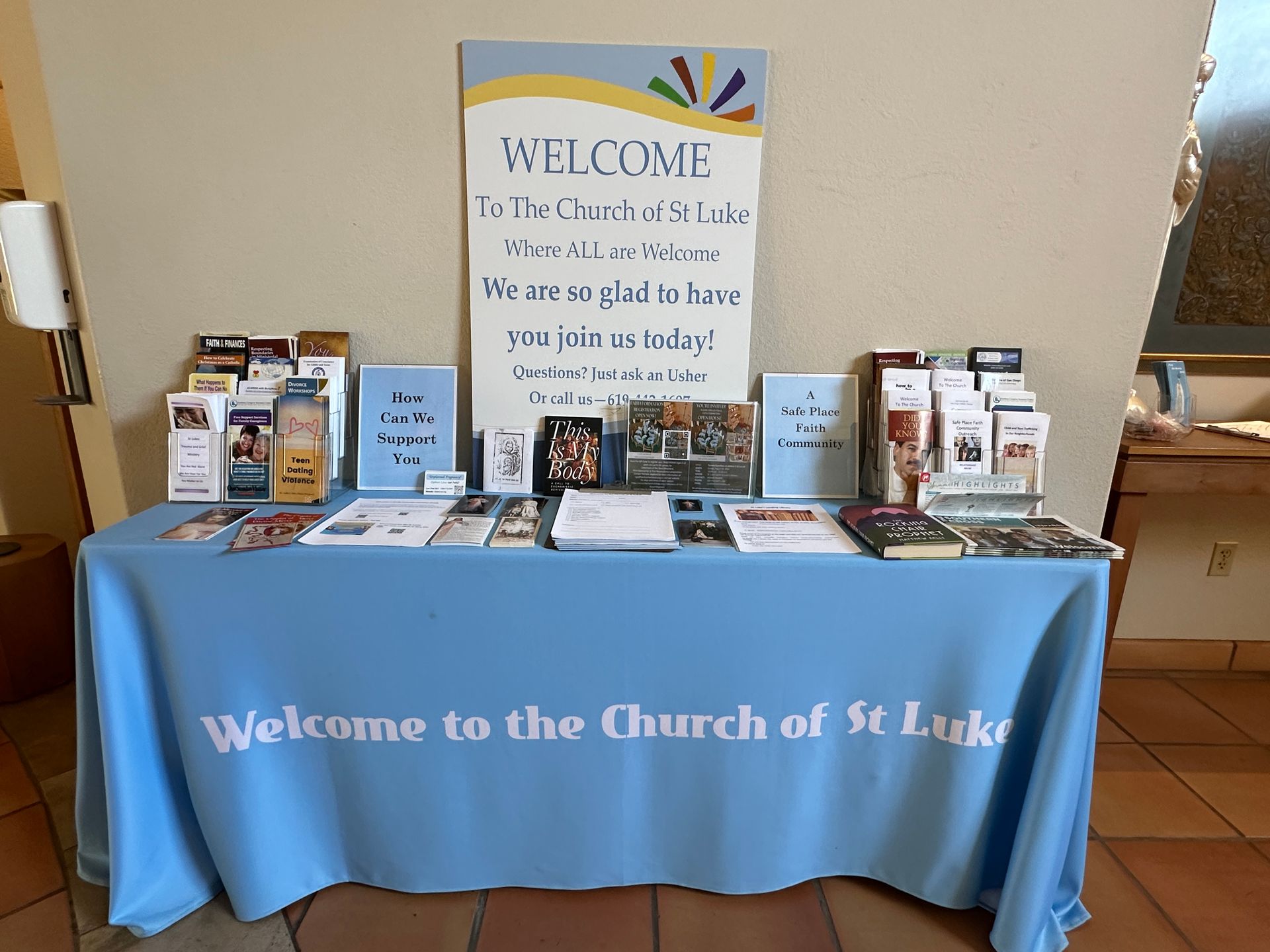 Welcome Table in the baptistry.