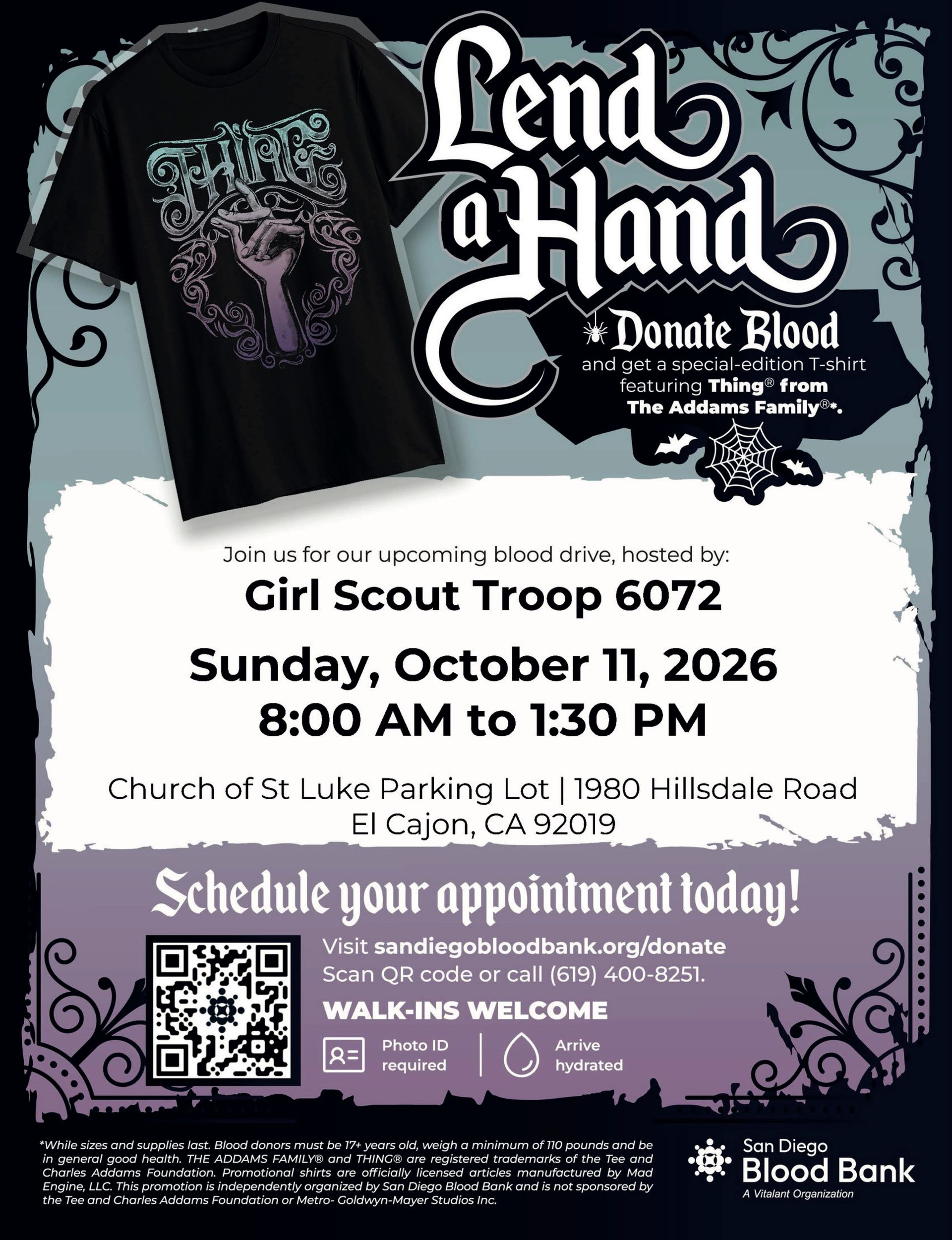 Click image to send email. Girl Scout Troop 6072 Blood Drive, 10/11, 8am - 1:30pm. parking lot