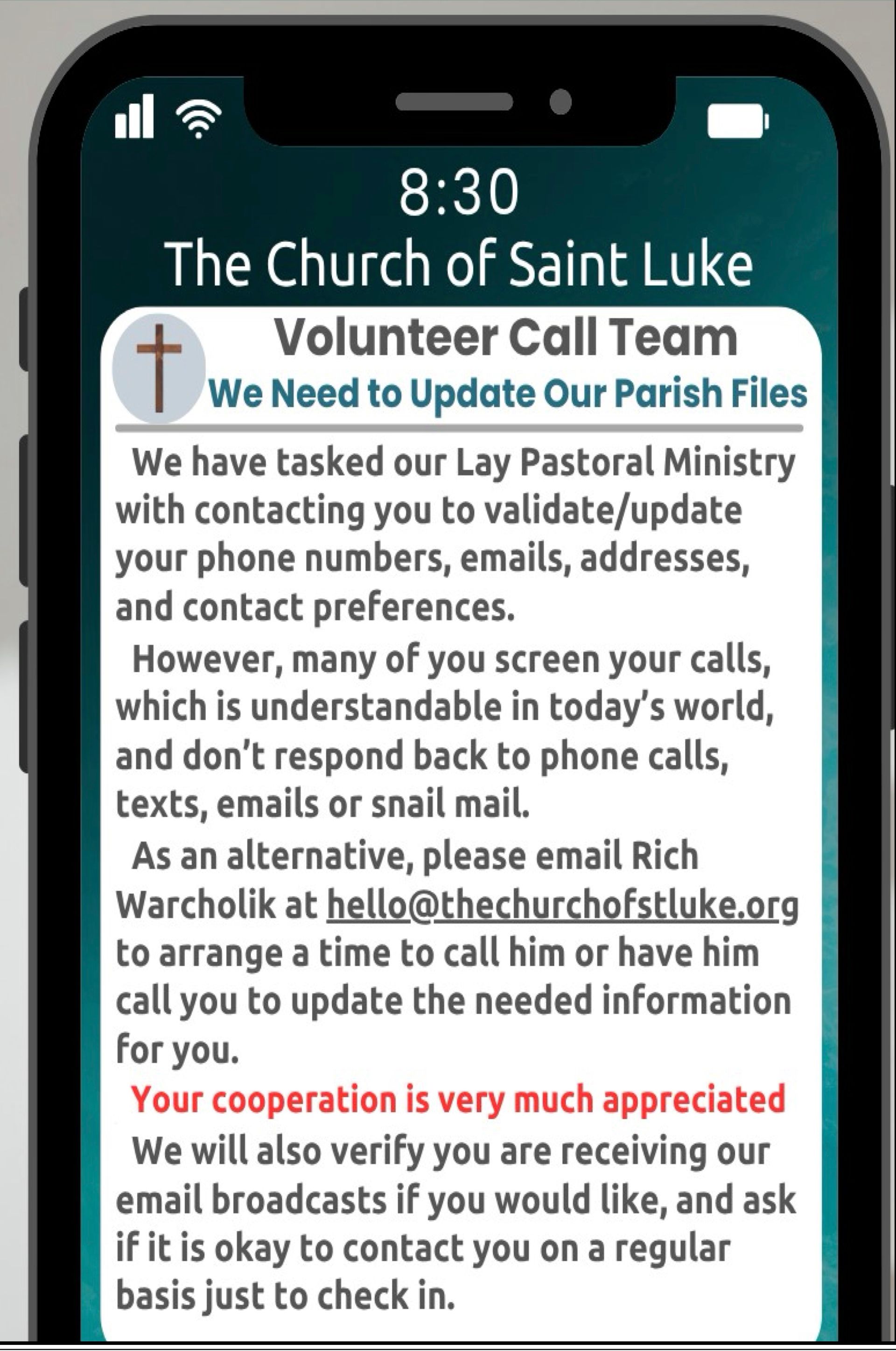 Click image to email Rich Warcholik. Volunteer Call Team to update our Parish Files.