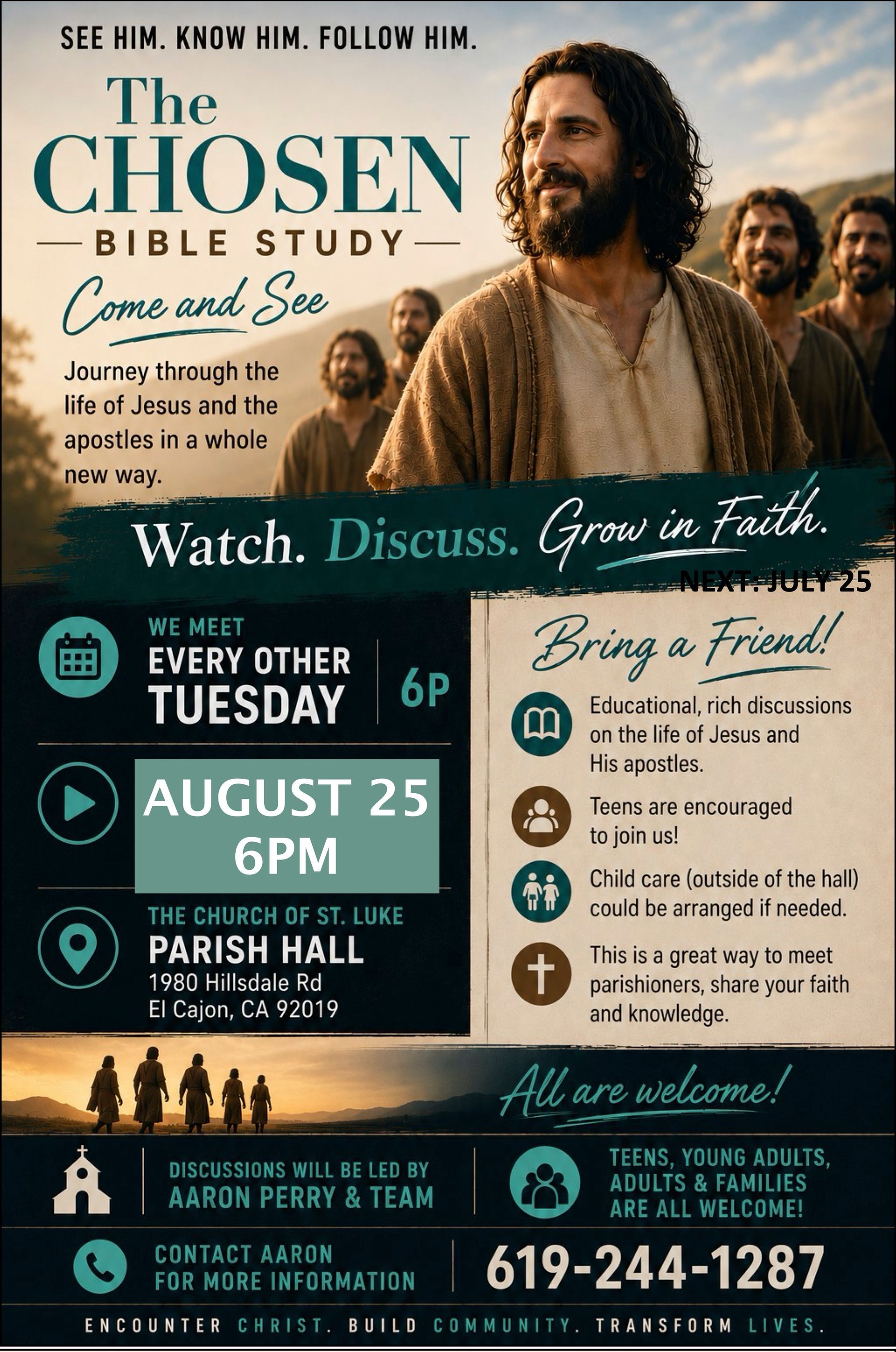 The Chosen Bible Study, every other Tuesday starting 8-25-26