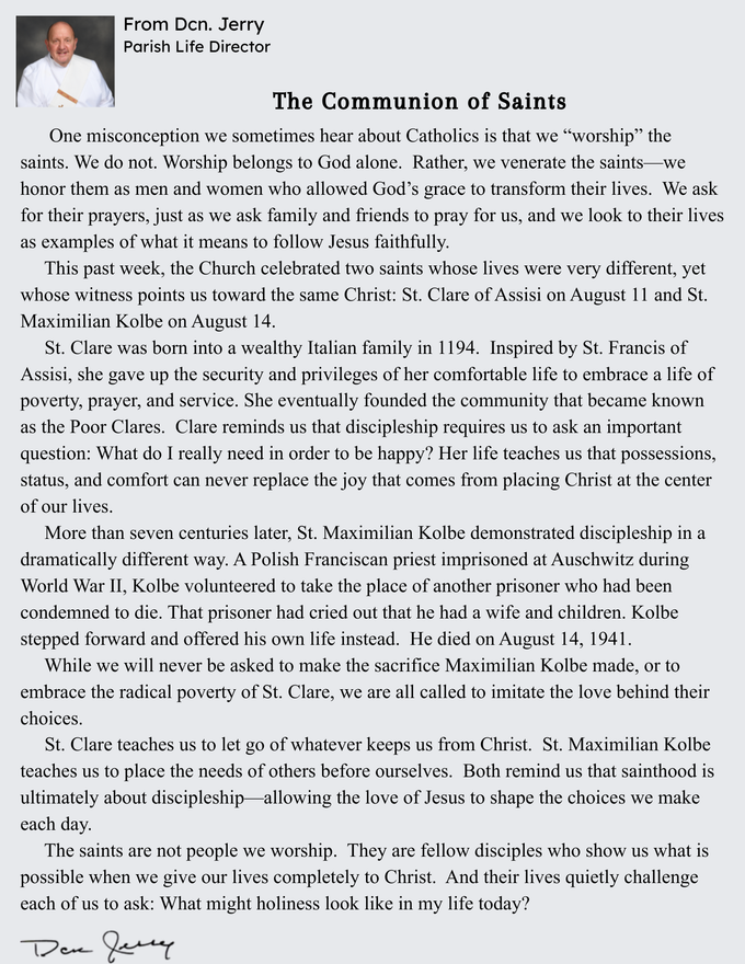 Message from Deacon Jerry, Parish Life Director
