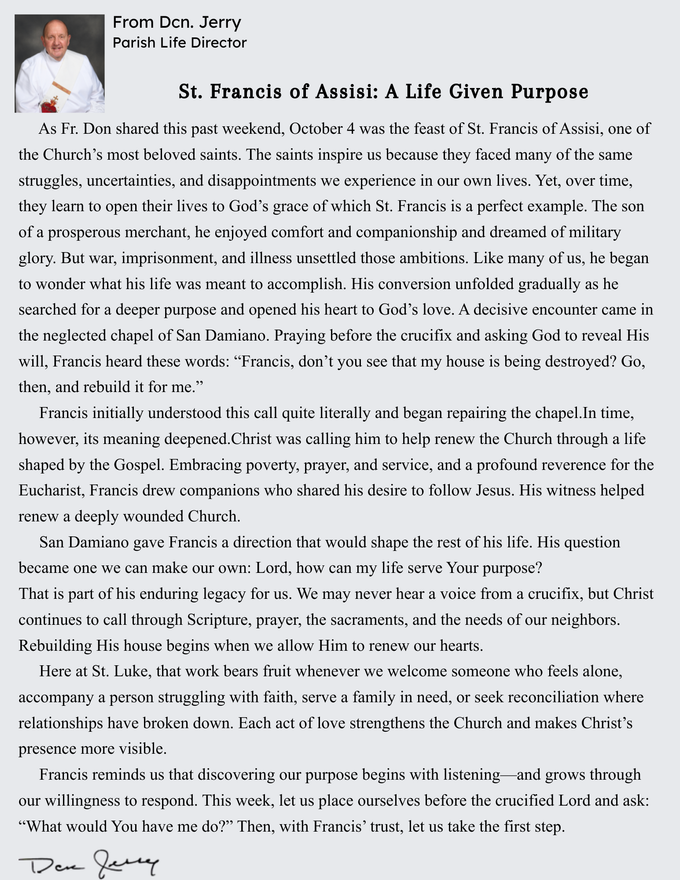 Message from Deacon Jerry, Parish Life Director
