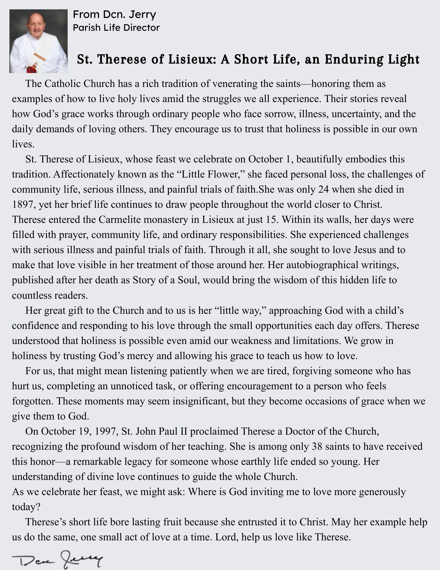 Message from Deacon Jerry, Parish Life Director
