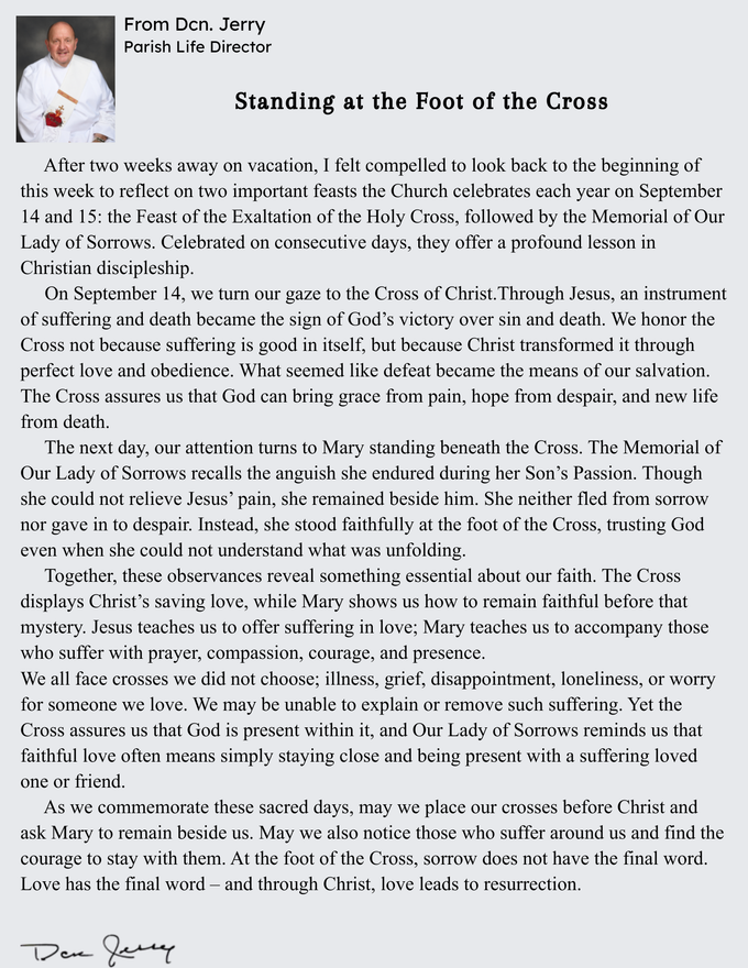 Click for larger view. Message from Deacon Jerry, Parish Life Director