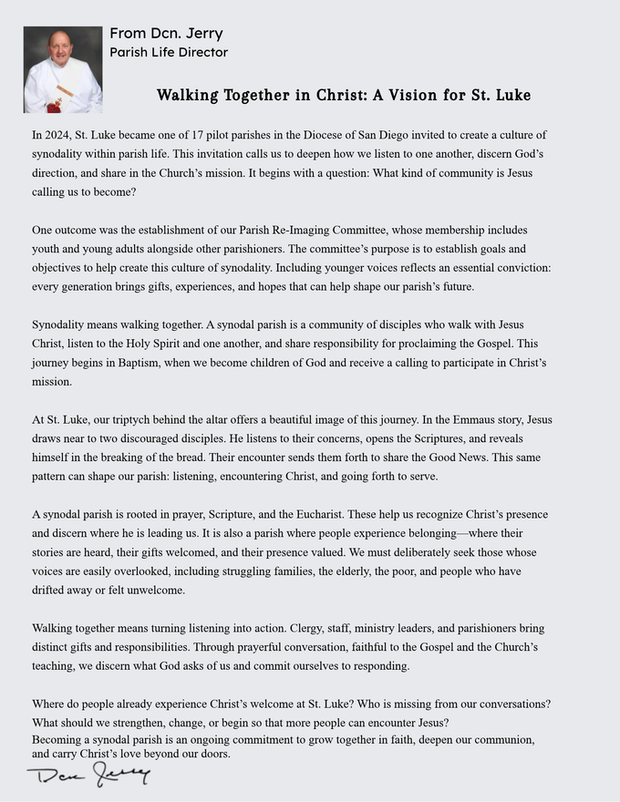 Click for larger view. Message from Deacon Jerry, Parish Life Director