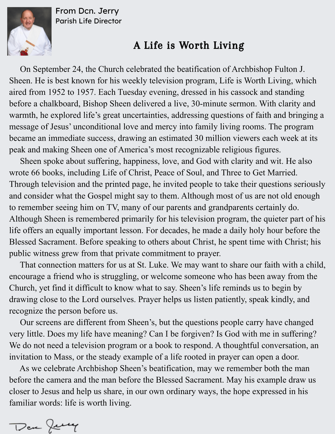 Click for larger view. Message from Deacon Jerry, Parish Life Director