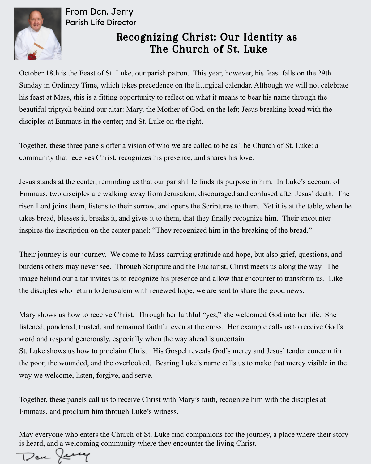 Click for larger view. Message from Deacon Jerry, Parish Life Director