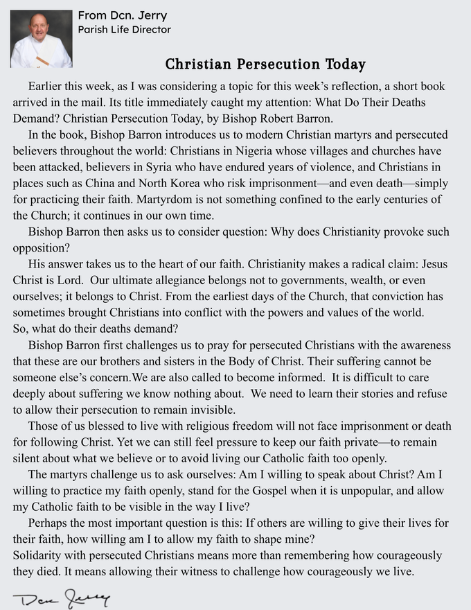 Message from Deacon Jerry, Parish Life Director
