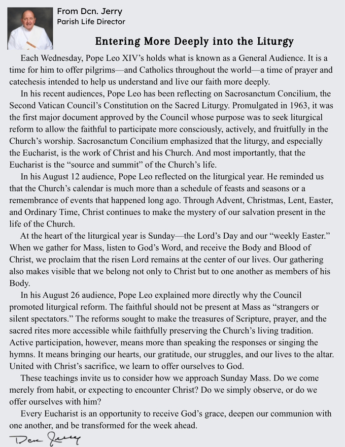 Click for larger view. Message from Deacon Jerry, Parish Life Director