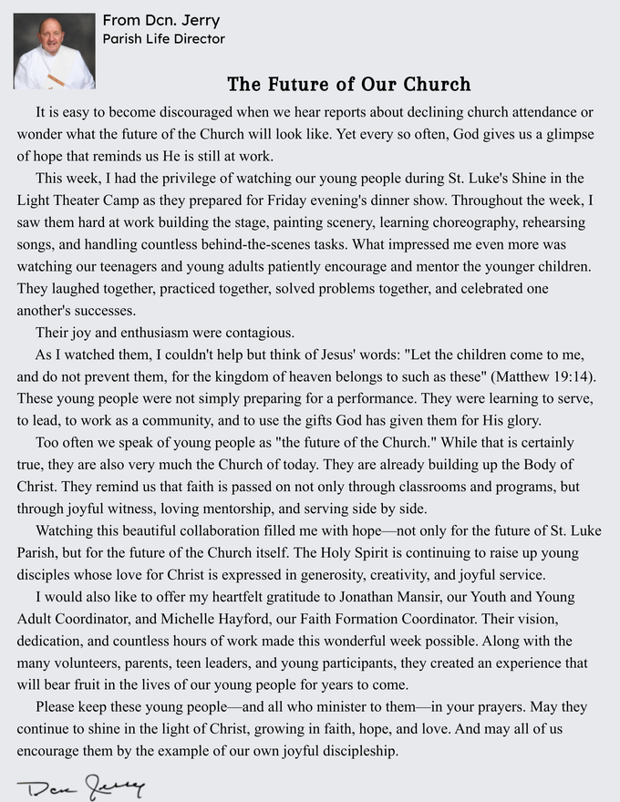 Click for larger view. Message from Deacon Jerry, Parish Life Director