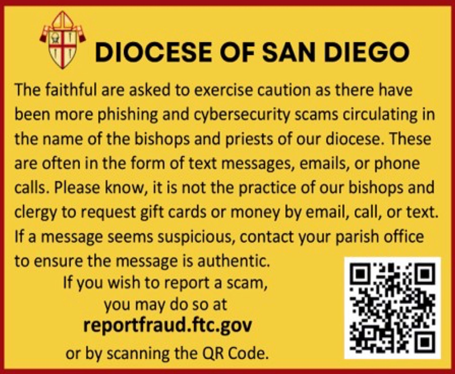 Diocese of San Diego asks to exercise caution as there have been more phishing and cybersecurity scams.