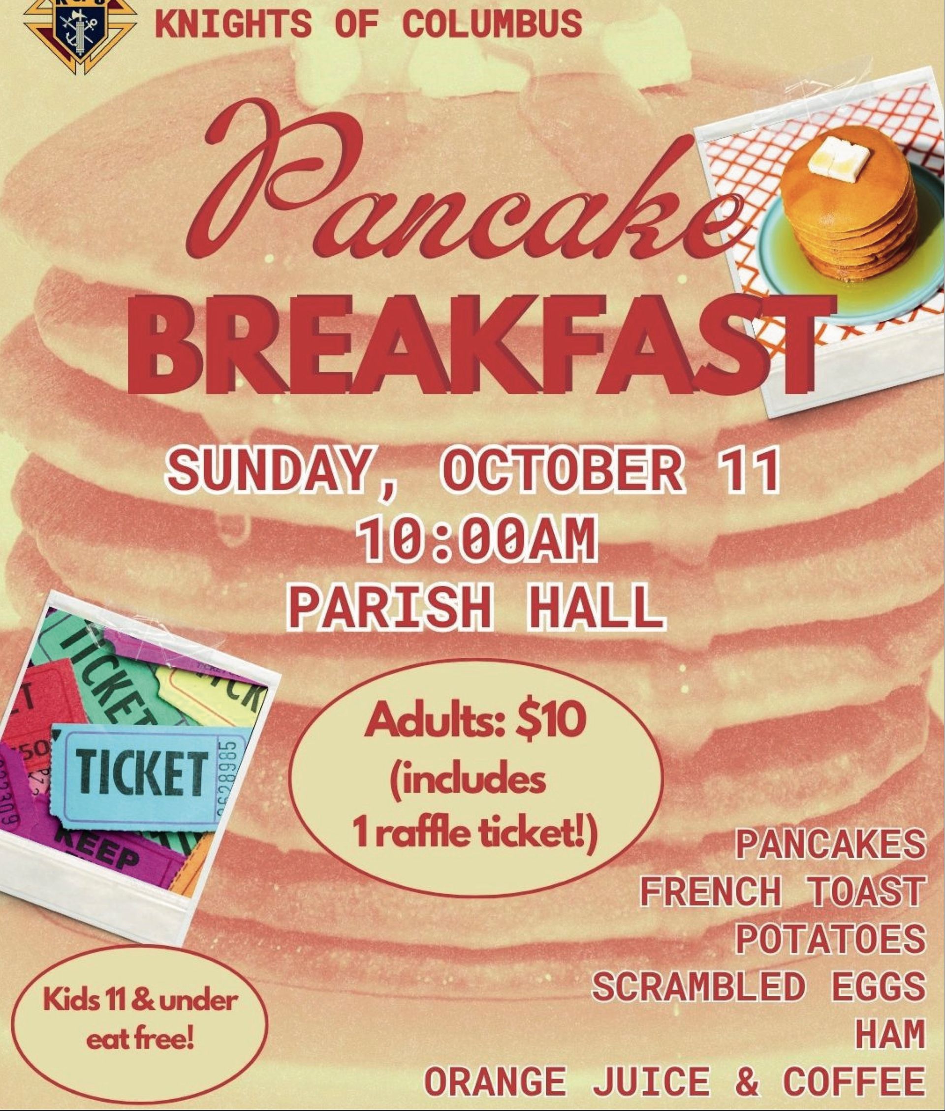 Click image to send email. KofC Pancake Breakfast 10/11, 10am