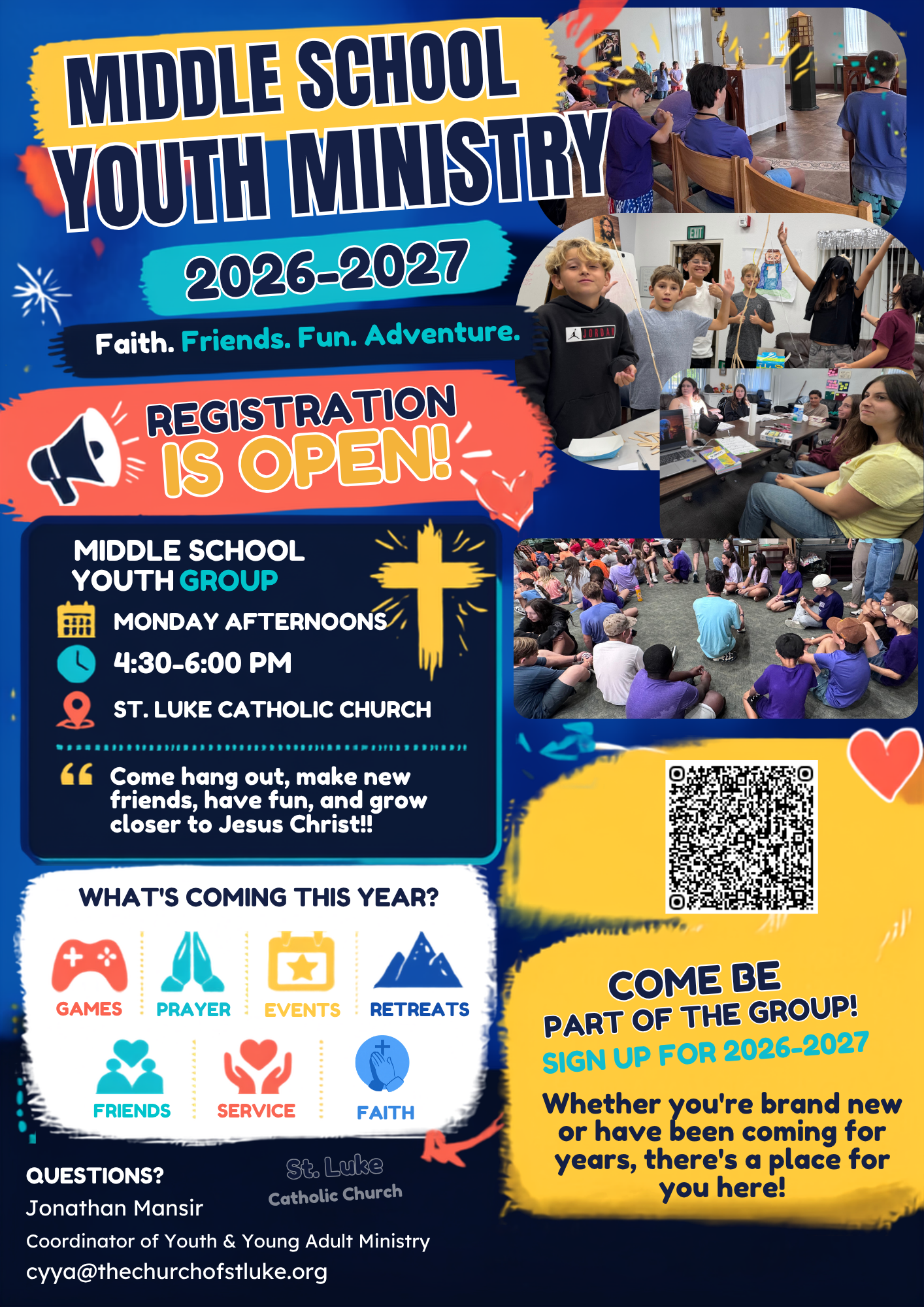 Middle School Youth Ministry Registration is open.