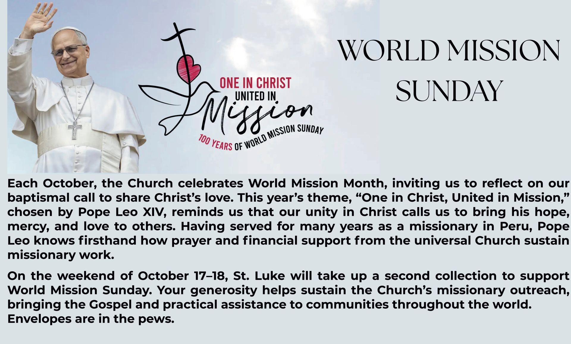 Click image to send email. World Mission Sunday Collection, October 17-18.
