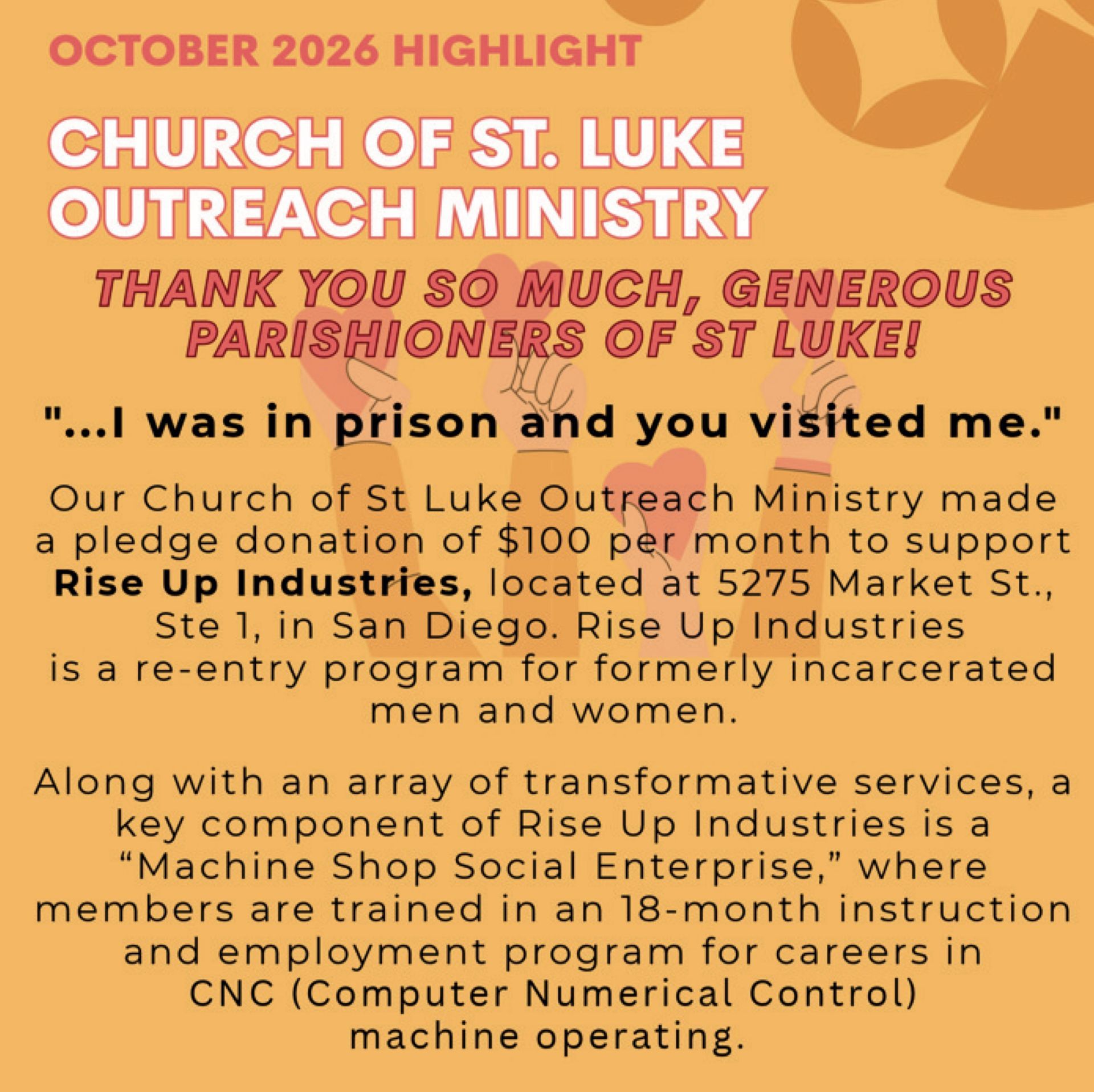 Click image to send email. STL Outreach Ministry: Thank you from Rise Up Industries for $100 monthly donation.