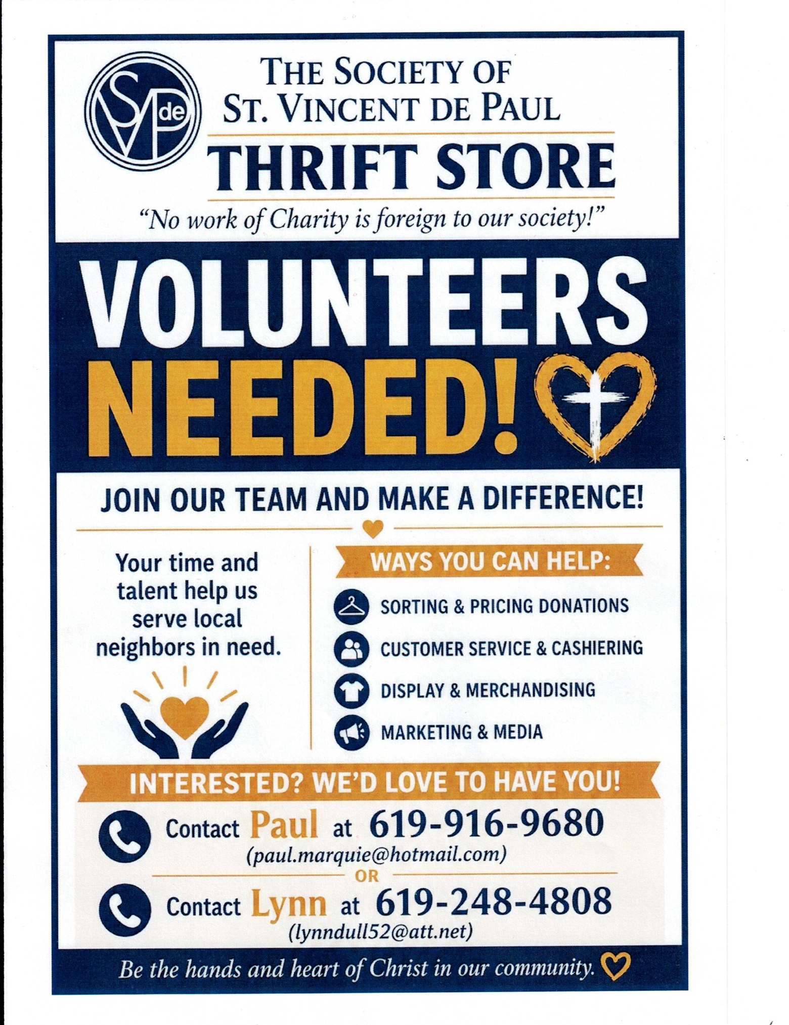 Click image to email Lynn. St. Vinccent de Paul Thrift Store looking for Volunteers.