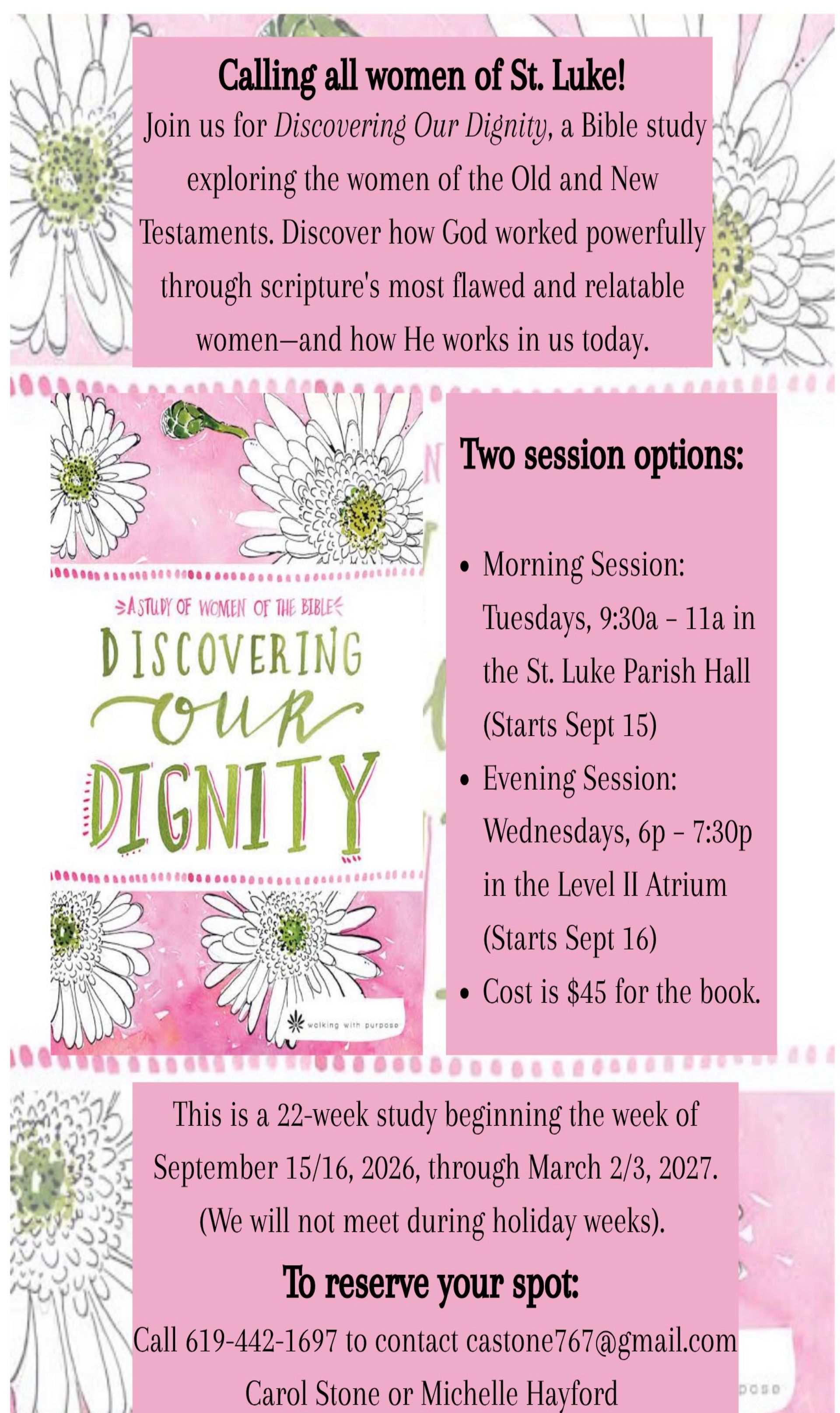 Women's Bible Study, New session starting September 15. The study is