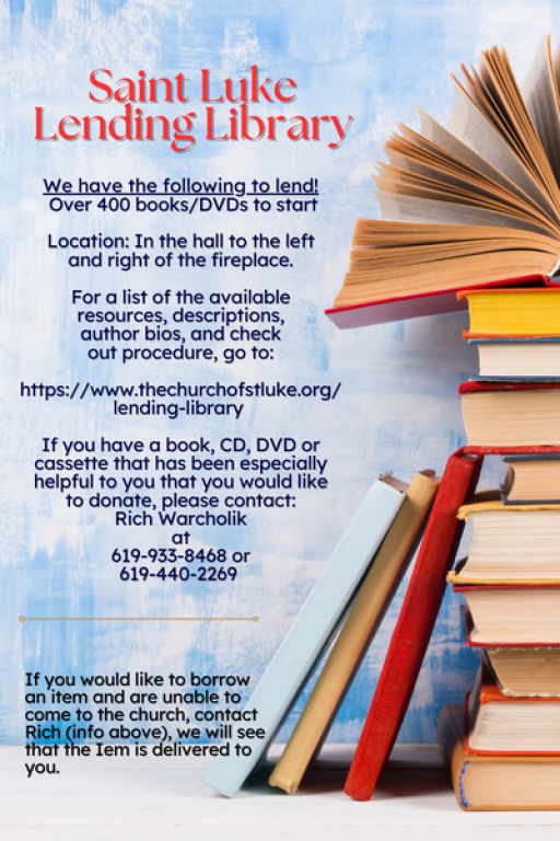 Click image to visit the web page Saint Luke's Lending Library located in the Parish Hall on the shelves on both sides of the fireplace.